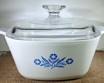 Corning Ware Blue Cornflower 1.75 Qt Casserole Dish with Glass Lid – Vintage Pyroceram Bakeware
