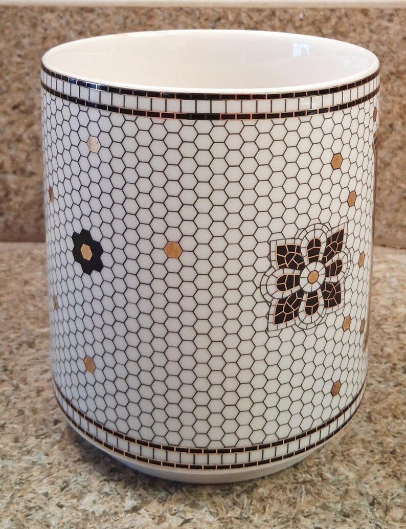 Anthropologie Monogram P Mug, Black Gold Floral Ceramic Coffee Cup image 4