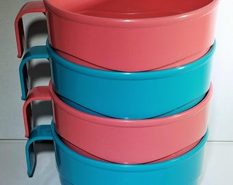 Vintage Tupperware Handled Soup Mugs Set | Teal Blue Pink Retro Kitchen Bowls