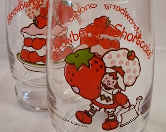 Vintage 1980 Strawberry Shortcake Glasses Set | Retro Pedestal Juice Cups