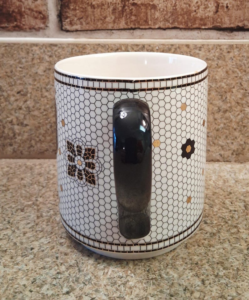 Anthropologie Monogram P Mug, Black Gold Floral Ceramic Coffee Cup image 3