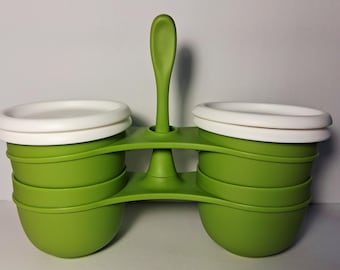 Vintage Tupperware Snack Cup Set with Carrier and Spoon – 90s Kitchen Condiment Caddy