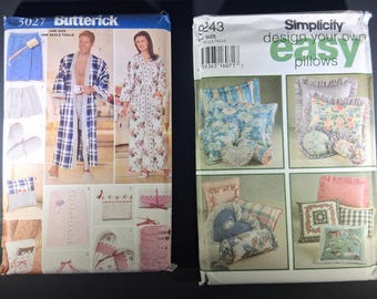Vintage Butterick 5027 Simplicity 9243 Sewing Patterns: Robe, Slippers, Pillow Set (Uncut)
