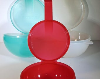 Vintage Tupperware Measuring Cups Set: 1 Cup, 1/2 Cup, Flip Lid Pour Spout (Red, Aqua, Almond)
