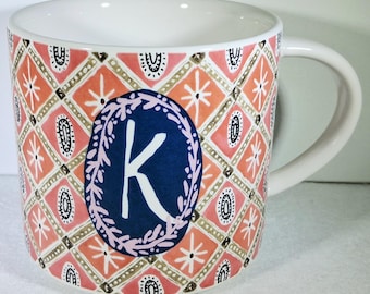 Anthropologie Jo Monogram K Mug | Boho Diamond Tapestry Pattern | Henry David Thoreau Friendship Quote