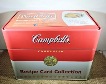 Campbell’s Recipe Card Tin Set Complete w Cards Dividers 2007 Kitchen Organizer Vintage Style Metal Box