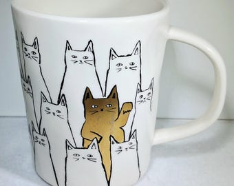Anthropologie Leah Reena Goren Cats Mug | Sketch Cat Crowd Ceramic Mug | Handleless Tumbler Style