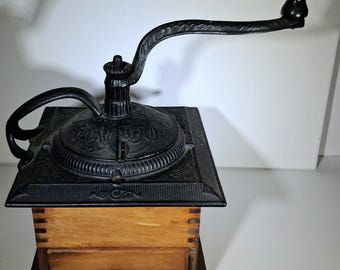 Antique Wood Box Coffee Grinder Hand Crank Cast Iron Mill Primitive Kitchen Decor