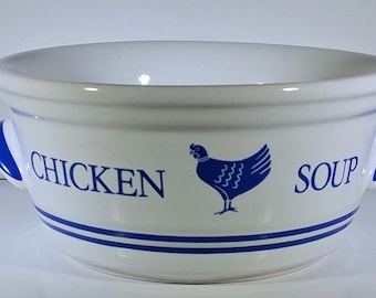 Vintage 1985 Chicken Soup Bowl | Blue White Ceramic Double Handle, Korea