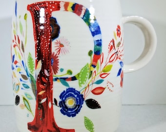 Anthropologie Starla Halfmann Monogram P Mug | Floral Botanical Coffee Cup