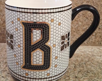 Anthropologie Monogram “B” Mug – Chic Mosaic Tile Design – Black Gold Letter Cup – Stylish Kitchen Decor