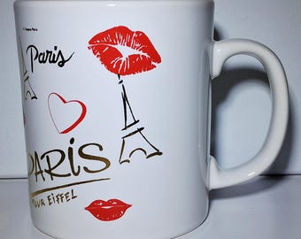 Paris Eiffel Tower Ceramic Mug | Red Lips Hearts Souvenir Tableware