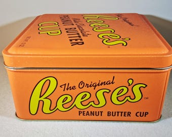 Vintage 1992 Reese's Peanut Butter Cup Tin – Orange Candy Storage Container (6x6)