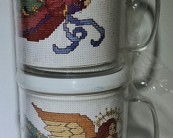 Vintage MCG Textiles Angel Cross Stitch Mugs Set of 2, NOS Craft Coffee Cups