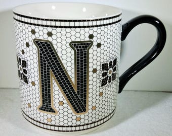 Anthropologie Bistro Tile Monogram Mug | Black White Gold Mosaic Letter N Coffee Cup