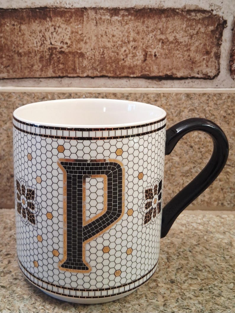 Anthropologie Monogram P Mug, Black Gold Floral Ceramic Coffee Cup image 1