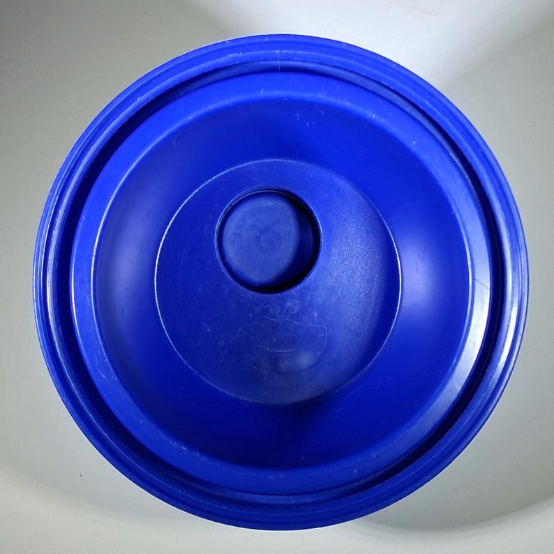 May include: A top-down view of a solid blue plastic lid. The lid has a circular design with concentric rings and a raised center. The plastic appears to be smooth and glossy, with a slight sheen. The lid is likely for a container.