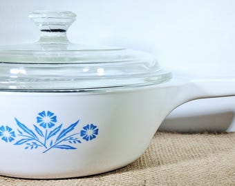 Corning Ware Blue Cornflower 1pt Saucepan Glass Lid | P-111-D Vintage Handled Skillet