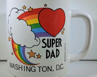 Vintage 1980s Super Dad Washington DC Mug | Rainbow Heart Stars, Retro Coffee Cup