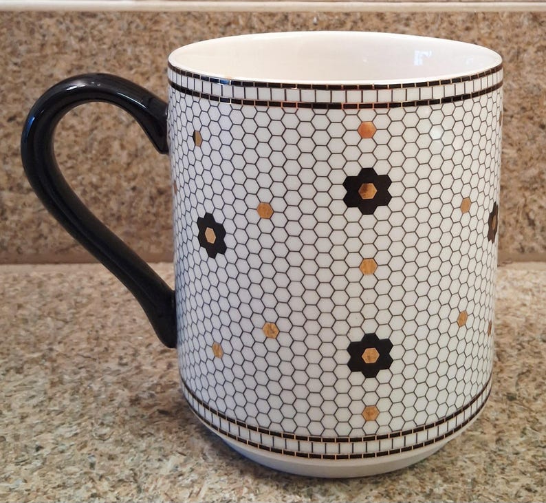 Anthropologie Monogram P Mug, Black Gold Floral Ceramic Coffee Cup image 2