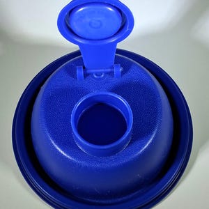 May include: A close-up of a blue plastic bottle cap with a hinged lid. The cap has a textured surface and a circular opening in the center. The lid is open, revealing the interior.