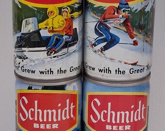 Vintage Schmidt Beer Action Sports Cans (Snowmobile, Skier, Racer) – Breweriana Lot