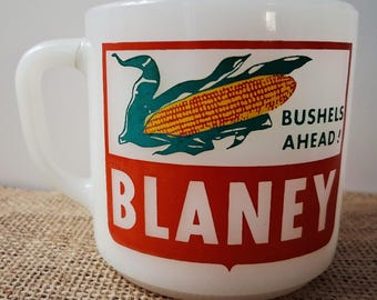 Vintage Blaney Milk Glass Mug: Bushels Ahead Corn Graphic, USA Farm Advertising
