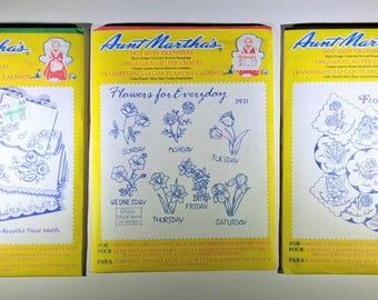 Vintage Aunt Martha's Hot Iron Transfers: 3 Uncut Floral Embroidery Patterns (1980s)