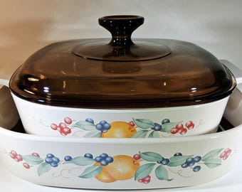 Corning Ware Abundance 2.5L A-10-B & Serving Dish Set Amber Lid USA Vintage