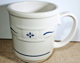 Longaberger Woven Traditions Mug – Blue Stripe Stoneware Coffee Cup – Farmhouse Kitchen USA