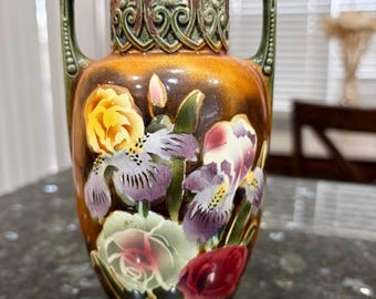 Vintage Czechoslovakia Pottery Hand Painted Vase Double Handled Floral 7”