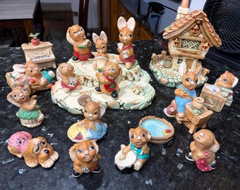 Vintage Pendelfin Rabbits Collection: Stonecraft Figurines, House and Base