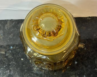 Vintage LE Smith Amber Yellow Glass Apothecary Jar Ground Lid Atterbury Scroll
