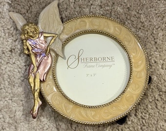 Sherborne Round Angel Photo Frame 3x3 in Gold Cream Pink Metallic Free Standing