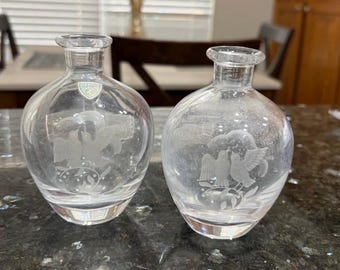 Pair Of Vintage Mid-Century Orrefors Sweden Etched Crystal Decanters
