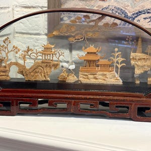 Vintage Chinese Cork Carving Diorama Pagoda With Cranes Lacquered Shadowbox