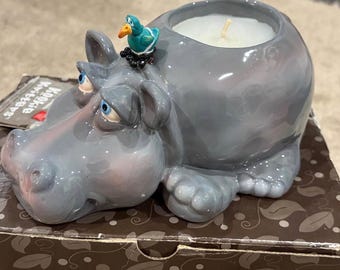 Vintage 1980s Kookie Kritters Hippo Bird Ceramic Candle Holder Collectible