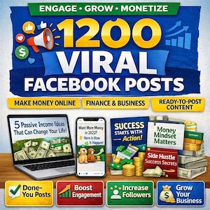 Può includere: Una grafica promozionale con il testo "1200 Viral Facebook Posts". L'immagine include un laptop, uno smartphone e pile di libri, insieme a icone e frasi come "Make Money Online" e "Grow Your Business."
