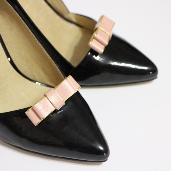 Shoe clips - modern faux leather blush pink and gold bow
