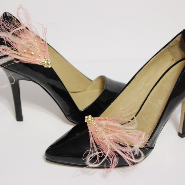 Shoes clips - salmon pink peacock feather with  rhinestones