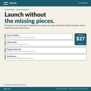 May include: A digital Google Sheets launch playbook template titled Launch without the missing pieces. It features sections for Launch Timeline, 5-Phase Plan, Progress Overview, and Task Owners, with a one-time download price of $27 displayed.