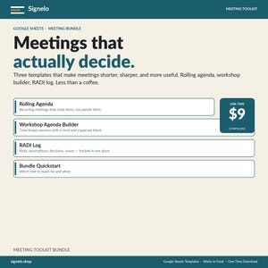 Meeting Toolkit | Rolling Agenda + Workshop Builder + RADI Log | Google Sheets Bundle