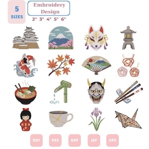 May include: A digital collection of 16 Japanese-themed embroidery designs including a castle, Mount Fuji, a fox mask, a stone lantern, koi fish, maple leaves, a folding fan, mizuhiki knots, ramen, bamboo fountain, Hannya mask, chopsticks, kokeshi doll, kintsugi cup, iris flower, and origami crane. Text reads: 5 SIZES 2" 3" 4" 5" 6".