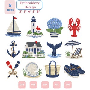 Puede incluir: Una colección de diseños de bordado digital con 12 iconos de temática náutica que incluyen un velero, faro, hortensia, langosta, ancla, cabaña, cola de ballena, silla de playa con sombrilla, remos, concha, bolso y zapatos de barco en 5 tamaños.