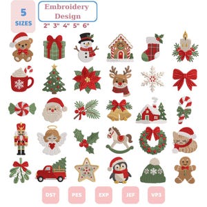 May include: A collection of 30 Christmas-themed embroidery designs including a teddy bear, snowman, gingerbread man, Santa Claus, reindeer, angel, nutcracker, penguin, cat, tree, wreath, stocking, candy cane, gift, bell, and truck in 2", 3", 4", 5", 6" sizes.