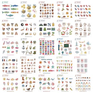 Op de afbeelding: Een digitale collectie borduurontwerpen met diverse thema's, waaronder dieren, eten, reizen, vlaggen, natuur en objecten. Elke sectie toont meerdere kleine, kleurrijke en gedetailleerde iconen die in een rasterformaat zijn gerangschikt.