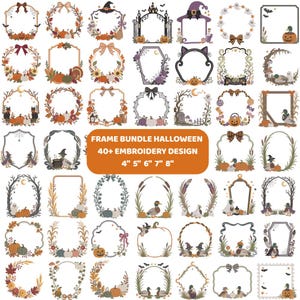 May include: A digital collection of over 40 Halloween-themed embroidery frame designs featuring pumpkins, ducks, ghosts, bats, and autumn foliage. The central orange text box reads: FRAME BUNDLE HALLOWEEN 40+ EMBROIDERY DESIGN 4" 5" 6" 7" 8".