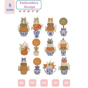 May include: A digital embroidery design collection featuring twelve illustrations of stacked pumpkins, topiaries, and floral arrangements in blue and white patterned pots. Text includes 5 SIZES 4" 5" 6" 7" 8" and file formats DST, PES, EXP, JEF, VP3.