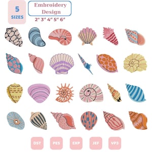Puede incluir: Una colección de diseños de bordado digital con veinticuatro ilustraciones de conchas marinas distintas en varios colores y patrones. La imagen incluye el texto 5 SIZES 2" 3" 4" 5" 6" y los formatos de archivo DST, PES, EXP, JEF y VP3.
