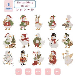 Könnte beinhalten: Eine digitale Stickmuster-Kollektion mit fünfzehn weißen Enten in verschiedenen festlichen Outfits und Posen, darunter eine Weihnachtsmann-Ente, ein Bäcker und ein Engel. Der Text lautet Embroidery Design 5 SIZES 4" 5" 6" 7" 8" mit den Dateiformaten DST, PES, EXP, JEF und VP3.